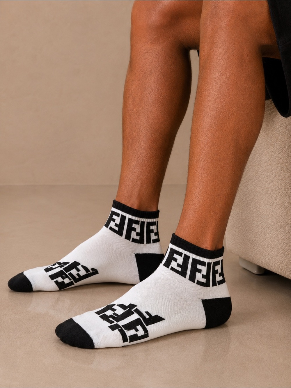 Fendi White & Black FF Logo Ankle Socks